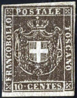 * 1860, Stemma Di Savoia, 10 C. Bruno Nero, Nuovo Con Gomma Originale, Cert. Oliva, Sass. 19a / 18000,- Mi. 19b - Tuscany