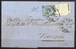 Cover 1866, Lettera Del 30.10.1866 Da Vicenza A Venezia, Affrancata Con 20 Su 15 C. Celeste Chiaro, I Tipo, Annullato Co - Sonstige & Ohne Zuordnung