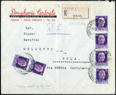 Cover 1944, Lettera Raccomandata Da Abbazia Del 23.8 Per Pola Affrancata Con Singolo, Coppia E Striscia Verticale Di Tre - Otros & Sin Clasificación