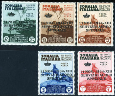 ** 1934, Servizio Aereo, Serie Completa 5 Valori Non Emessi, Nuovi Con Gomma Integra, Cert. Raybaudi - Somalia