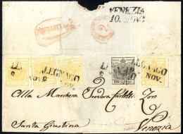 Cover 1850, 5 Cent. Giallo Ocra, Quattro Esemplari + 10 Cent. Grigio Nero (a Filo A Sinistra) Su Splendida Lettera Da Le - Lombardo-Vénétie