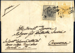 Cover 1850, Lettera Da Piadena Il 23.6 Per Cremona, Affrancata Con 5 C.giallo E 10 C. Nero Carta A Mano, Sass. 1, 2 / 17 - Lombardo-Venetien