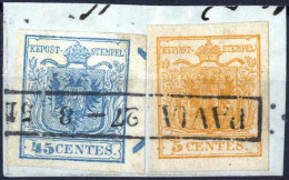 Piece 1851, Frammento Da Pavia Il 27.8 Affrancato Con 5 C Giallo Ocra E 45 C Azzurro I Tipo Carta A Mano Con Principio D - Lombardy-Venetia