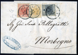 Cover 1853, Lettera Da Milano Il 23.7 Per Morbegno Affrancata Tricolore Con 5 C Giallo Ocra, 10 C Grigio Nero E 15 C Ros - Lombardy-Venetia