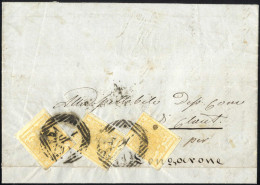 Cover 1854, Lettera Da Ceneda Il 3.1 Per Longarone Affrancata Con Tre 5 C. Giallo Ocra, Carta A Mano, Sass. 1 / 2250,- - Lombardy-Venetia