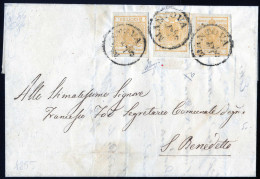 Cover 1855, Lettera Da Mantova Il 7.5 Per S. Benedetto Affrancata Con Tre 5 C Giallo Ocra, Cert. Enzo Diena, Sass. 1 / 2 - Lombardo-Vénétie