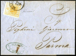 Cover 1857, Lettera Da Milano Il 25.9 Per Parma Affrancata Con 5 C Giallo Ocra, Firmata Vaccari, Sass. 1 / 750,- - Lombardo-Vénétie
