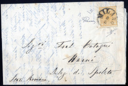 Cover 1858, Lettera Da Milano Il 8.8 Per Narni (Stato Pontificio) Affrancata Con 5 C Giallo Ocra, Firmata ED, Vaccari E  - Lombardy-Venetia