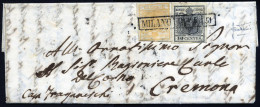 Cover 1851, Lettera Da Milano Il 9.5 Per Cremona Affrancata Con 5 C Giallo Arancio Chiaro E 10 C. Nero, Cert. Sottoriva, - Lombardy-Venetia