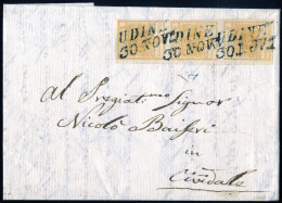 Cover 1853, Lettera Da Udine Il 30.11 Per Cividale Affrancata Con Striscia Verticale Di Tre 5 C Giallo Arancio, Cert. En - Lombardo-Vénétie