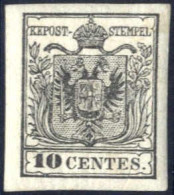 * 1850, 10 Cent. Nero Su Carta A Macchina, Nuovo Con Gomma Originale, Splendido, Firmato Dott. Colla E Cert. Dr. Ferchen - Lombardo-Vénétie