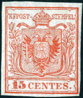 * 1850, Stemma, 15 Cent. Rosso Carminio I Tipo Prima Tiratura Carta A Mano, Nuovo Con Gomma Originale Irregolare, Cert.  - Lombardo-Venetien