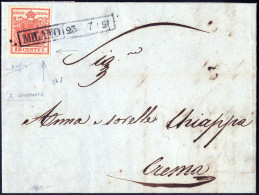 Cover 1851, Lettera Da Milano Il 23.7 Per Crema Affrancata Con 15 C. Rosso Vermiglio Carta A Mano, Difetto Di Clichè S D - Lombardo-Vénétie