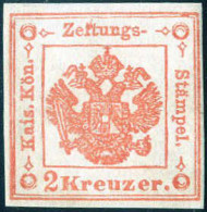 ** 1858/59, 2 Kr. Vermiglio II Tipo Nuovo Con Gomma Originale Integra, Cert. Colla, Sass. 3 / 2700,- 2 Kr. Rot Type II P - Lombardo-Venetien