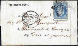 Cover 1871, Ballon Monté, "Le Duquesne": Lettre Du Paris Pour Beaumont-de-Lomagne, Affranchie Avec 20 C. Bleu Siège (Yv. - Other & Unclassified