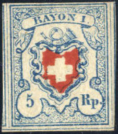 ** 1851, 5 Rp Blau/rot, Sogenanntes Hellblau, Postfrisch, Attest Von Der Weid, Mi. 9 II / 550,- Für Gefalzt - Andere & Zonder Classificatie