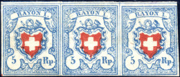 * 1851, 5 Rp Hellblau/rot Waagrechter Ungebrauchter Dreierstreifen, Typen 37-39, Druckstein C2 (RU) Mit Originalgummi (g - Other & Unclassified