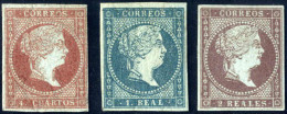 * 1855, 4 Cs. Lilarot, 1 R. Grünlich-blau Und 2 R. Braunviolett, Je Auf Blauem Papier Miz Wz. 1, Alle Mit Originalgummie - Sonstige & Ohne Zuordnung
