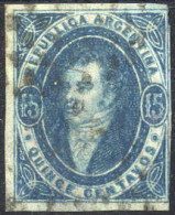 O 1864, Bernardino Rivadavia, 15 C Blau Ungezähnt Gestempelt, Vollrandig, Rückseitig Im Unteren Bereich Leicht Verdünnt, - Other & Unclassified