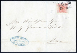 Cover Laveno, (SD Punti 8) Lettera Del 18.8.1855 Per Milano Affrancata Con 15 Cent. Rosso III Tipo Carta A Macchina, Fir - Lombardo-Vénétie