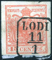 O Lodi, (R D Punti R3) Su 15 Cent. Rosso Salmone III Tipo Carta A Mano, Cert. Colla, Sass. 6d / 13500,- - Lombardy-Venetia