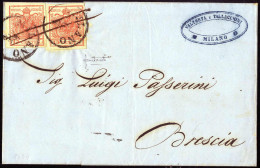 Cover Milano, (C1+a Penna Punti 8) Lettera Del 6.7.1854 Per Brescia Affrancata Con Due 15 Cent. Rosso III Tipo Carta A M - Lombardije-Venetië