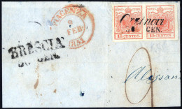 Piece/cover Orzinovi, (Cor. Punti 9), Grande Frammento Del 30.1 Affrancato Con Coppia 15 Cent. Rosso I Tipo Carta A Mano - Lombardy-Venetia