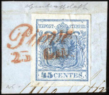 Piece Piove, (Cor. Rosso Punti R2), Frammento Del 25.6.1850 Venticinquesimo Giorno D'uso Con 45 Cent. Azzurro Chiaro I T - Lombardije-Venetië