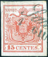 O Salò, (Cor. Azzurro Punti 8) Del 1.6.1850 Primo Giorno D'uso Su 15 Cent. Rosso I Tipo Prima Tiratura Carta A Mano, Cer - Lombardije-Venetië