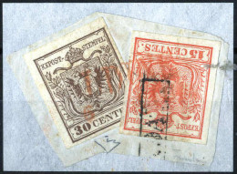 Piece Udine, (SD Rosso E RACC. Punti R4) Frammento Con 15 Cent. Rosso E 30 Cent. Bruno I Tipo Prima Tiratura Carta A Man - Lombardo-Vénétie