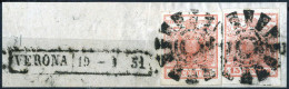 Piece Verona, (M R51 Punti 13), Frammento Del 19.1.1851 Affrancato Con Due 15 Cent. Rosso Vermiglio Chiaro I Tipo Carta  - Lombardy-Venetia