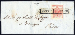 Cover Vicenza, (R50 Punti 6), Lettera Del 10.12 Per Padova Affrancata 15 Cent. Rosso I Tipo Carta A Mano, Sass. 3 / 660, - Lombardije-Venetië