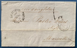 Lettre 1861 Pour MARSEILLE Dateur "Pointe à Pitre/Guadeloupe" Voie D'Angleterre Taxée 6, Entrée Col.fr/Angl.amb.calais F - Covers & Documents