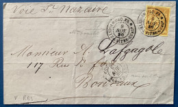1880 Lettre N°44 25c Jaune Bistre Oblitéré Dateur " PAQ.FR / POINTE.A.PITRE.GUAD " + COL.FRA.PAQ.FR.A/N°2 Pour BORDEAUX - Storia Postale