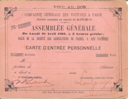 Compagnie Générale Des Voitures à Paris - Carte D'Entrée Pour L'Assemblée Générale 28 Avril 1902 - Automobili