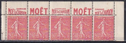 Publicité - YT 199e Semeuse 50c Rouge Type IIB - Bande De 5 Moët Texte Complet Supérieur BdF (Maury : BP 96a) Neuf** - Unused Stamps