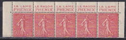 Publicité - YT 199j Semeuse 50c Rouge Type IV-Bande De 5 Supérieure "Phenix" Texte Complet BdF (Maury : BP 123a) Neuf** - Nuovi
