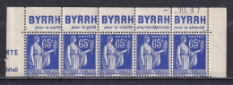 Publicité - YT 365b Paix 65c Type II - Bande De 5 Byrrh Supérieure Texte Complet BdF (Maury : BP 243a) Neuf** - Unused Stamps