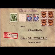 Alleiierte Besetzung 1948: Brief / Einschreibebrief | Portostufen, Viererblock, MIF Fr. Zone | Mechtersheim, Stuttgart - Libia