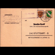 Alleiierte Besetzung 1946: Postkarte  | Portostufen, Versicherung, Herold | Tübingen, Stuttgart - Libya