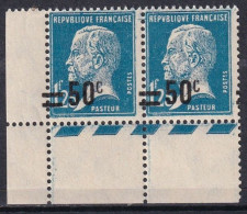 France Variété - YT 222 Pasteur 50c Sur 1f25 Surcharge à Cheval  (Maury 275f)  Neuf** En Paire BdF Cote: 80 €. - Unused Stamps