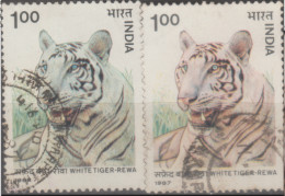 INDIA USED STAMP IN TWO DIFFERENT SHADES ON WHITE TIGER/	Fauna/Mammals/Tigers/Panthera Tigris - Verzamelingen & Reeksen
