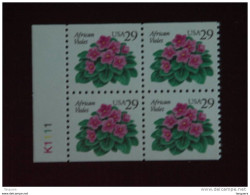 USA Etats-Unis D'Amerique United States 1993 Bloemen Fleurs African Violet 4  X Yv 2192 MNH ** Plate N°K1111 - Plaatnummers