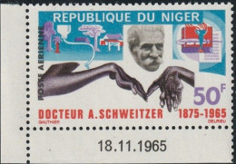 THEMATIC FAMOUS PEOPLE:  ALBERT SCHWEITZER. ALLEGORIES RELATING TO HIS ACTIVITIES. CORNER STAMP WITH DATE  -  NIGER - Albert Schweitzer