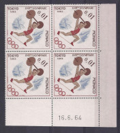 MONACO - N° 654 - HALTEROPHILIE - J.O. TOKYO - Bloc De 4 COIN DATE - NEUF SANS CHARNIERE - 16/6/64 - Unused Stamps