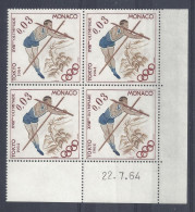 MONACO - N° 656 - PERCHE - J.O. TOKYO - Bloc De 4 COIN DATE - NEUF SANS CHARNIERE - 22/7/64 - Neufs