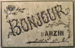 Delcampe - Bonjour D'ANZIN (Nord) Avec Paillettes - Cadre Et Fond Vert - Voyagé 190? (2 Scans) Lafosse, 22 Rue Thiers, Boulogne/Mer - Anzin