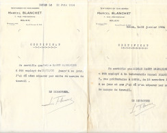 Teinturerie Marcel Blanchet à Rouen - 2 Certificats De 1934 à Son Employée: Madeleine Raout - Petits Métiers