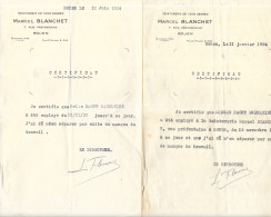 Teinturerie Marcel Blanchet à Rouen - 2 Certificats De 1934 à Son Employée: Madeleine Raout - Artigianato