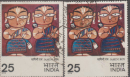 INDIA USED STAMP IN TWO DIFFERENT SHADES ON Modern INDIAN PAINTING/ TWIN VAISHNAVA BY JAMINI ROY - Collezioni & Lotti